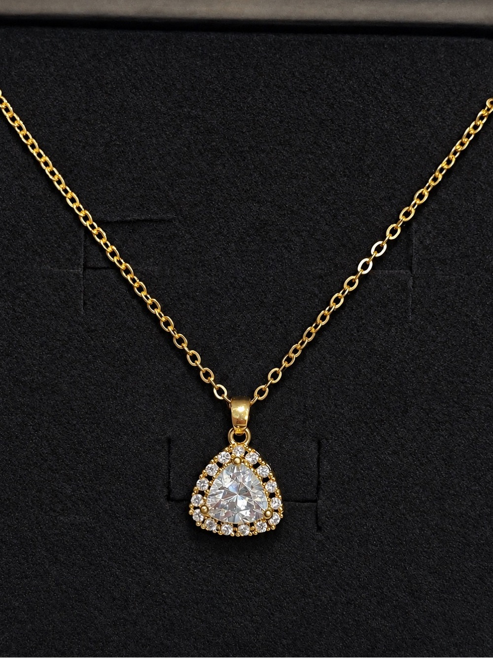 Gold-Tone Triangle Halo Pendant Necklace with Clear Cubic Zirconia Stone